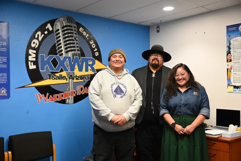 Brett Isaac, Crystal Littlebin, and Isaac Madson during a Navajo Power interview at KXWR Diné College Radio studio