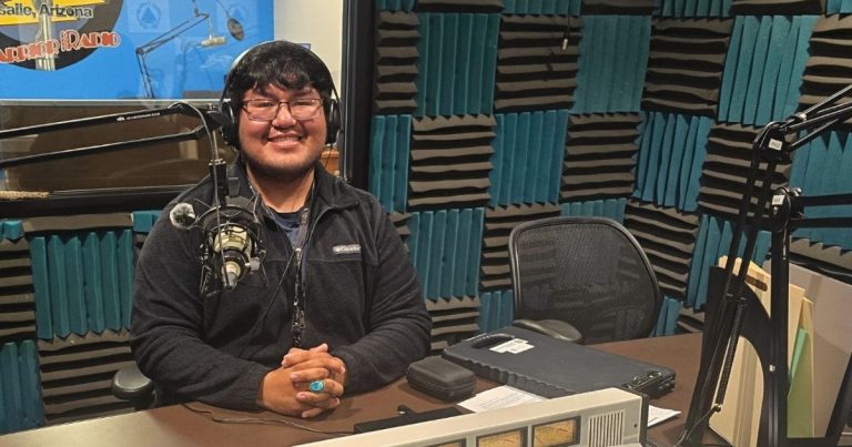 Cody R Elliott, Diné College alum and psychology graduate, speaking in the KXWR Warrior Radio studio during a podcast interview about mental health and the Directing Change Community Show